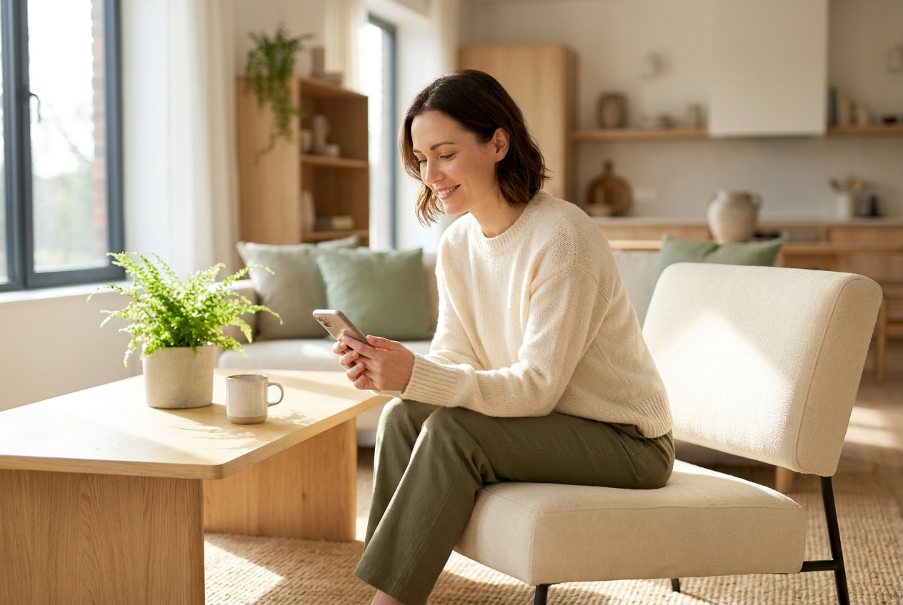 A person sitting in a calm home while holding a phone.